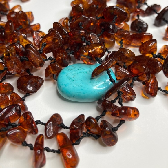 Six Strand Knotted Amber & Turquoise Necklace - Picture 3 of 8
